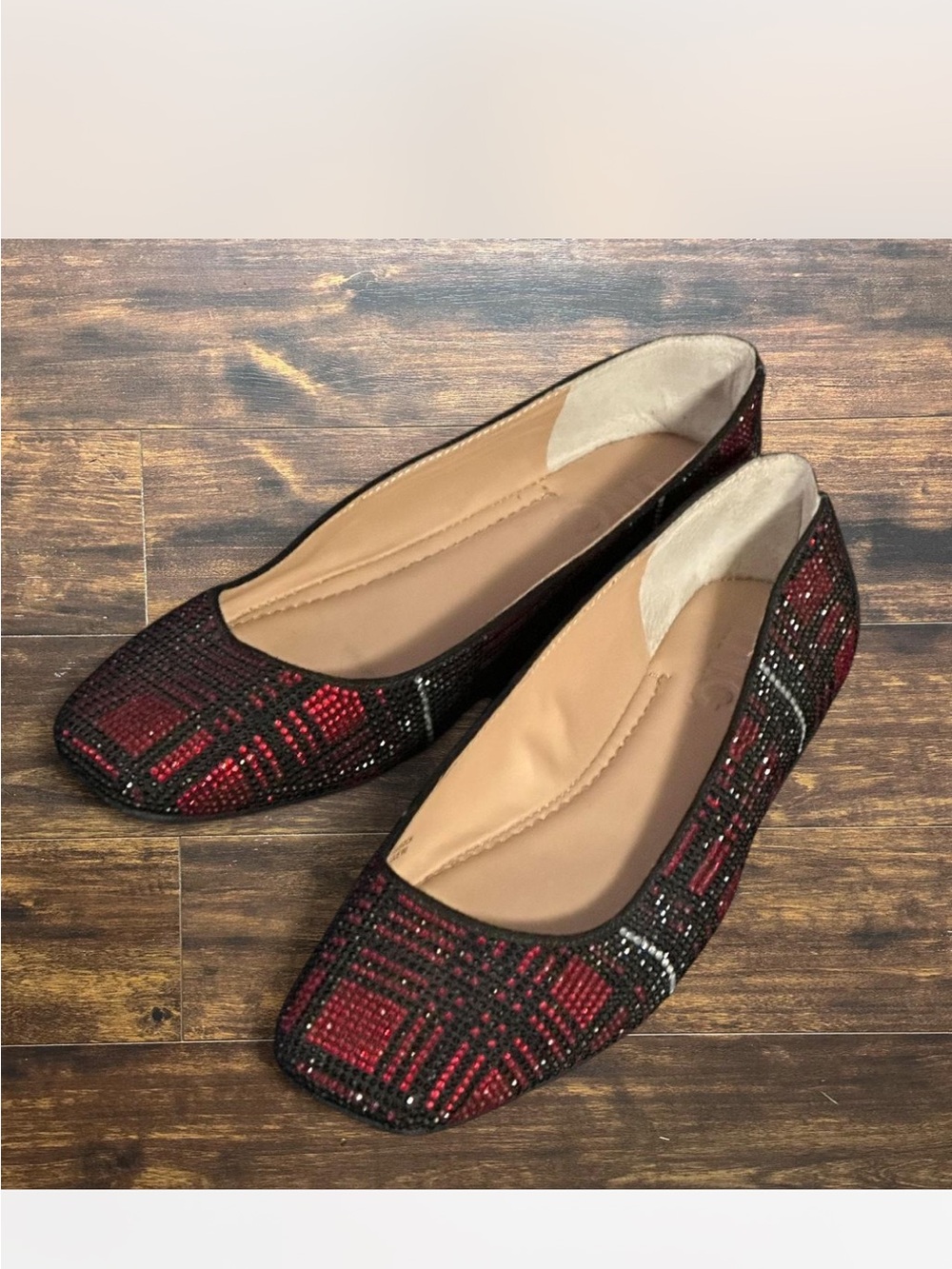 ❤️ INC Red Rhinestone Plaid Flats 5.5 Ruby Slippers Halloween 👠